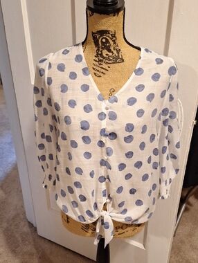 Tie-Front Polka Dot V-Neck Blouse in White and Blue